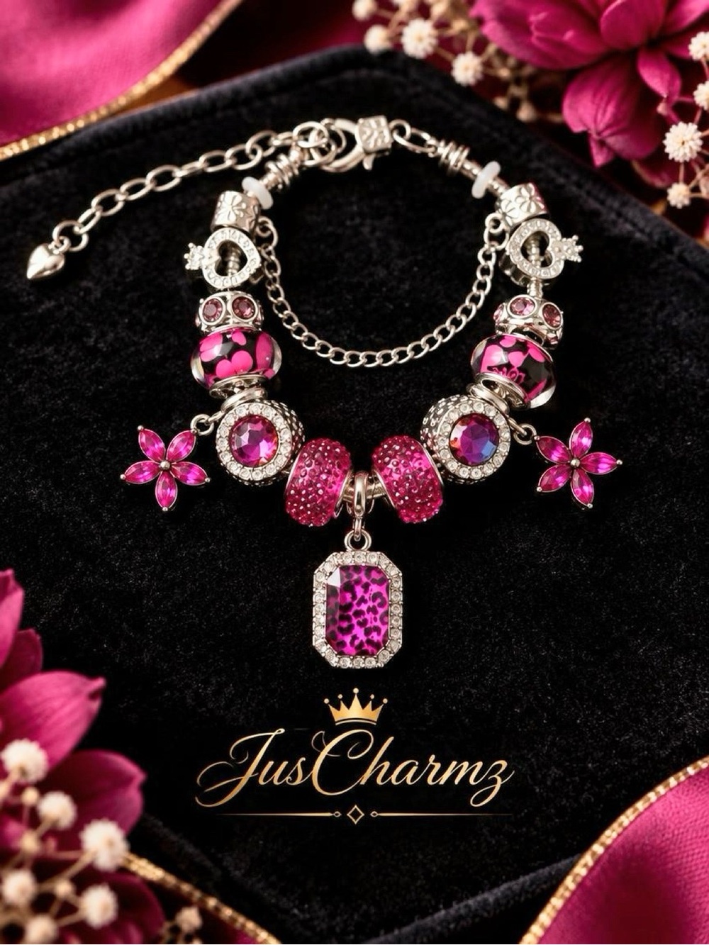 Magenta Pink Leopard Charm Bracelet